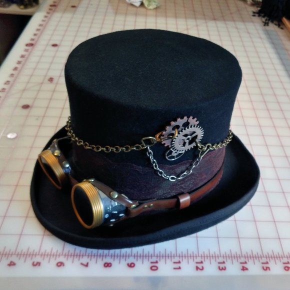 Steampunk Top Hat and Leather Goggles - Picture 1 of 3
